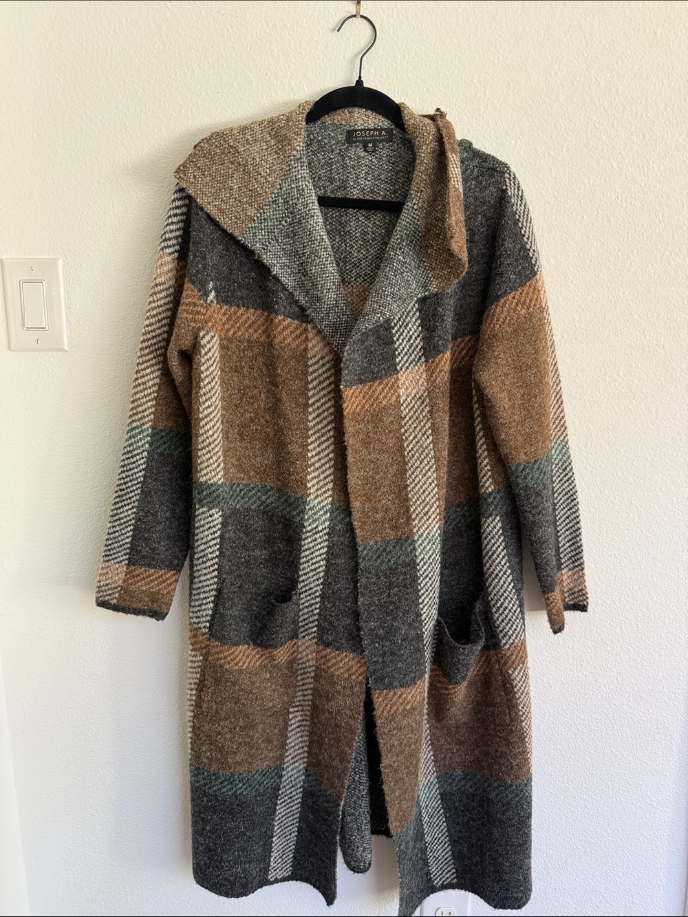 Joseph A. Plaid Longline Duster Cardigan Sweater Coat Brown Gray Green M